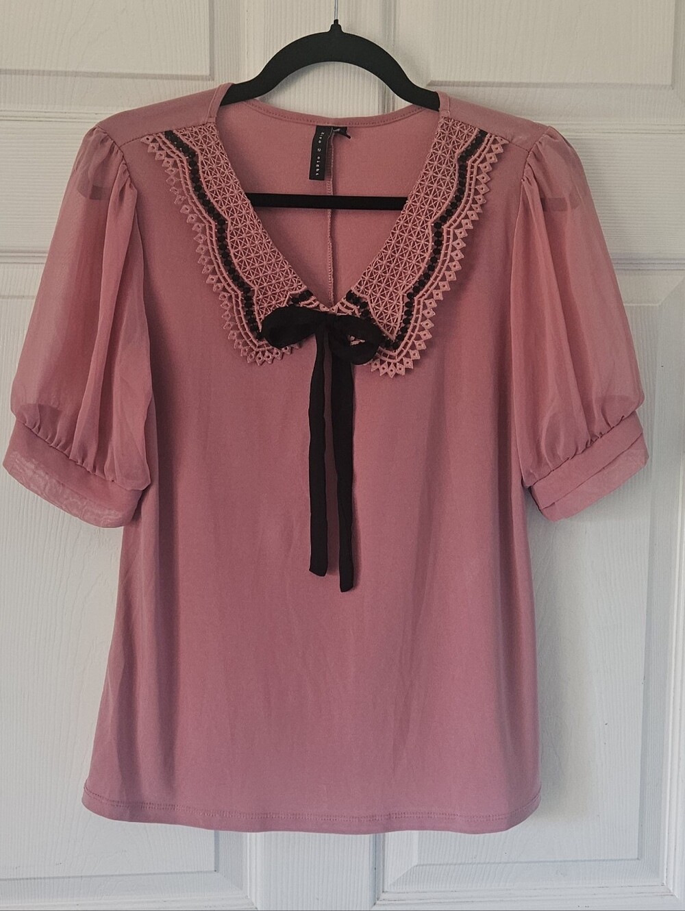 Pink Blouse Scalloped Lace Peter Pan Collar Bow Sheer Puff Sleeve Coquette Sz S